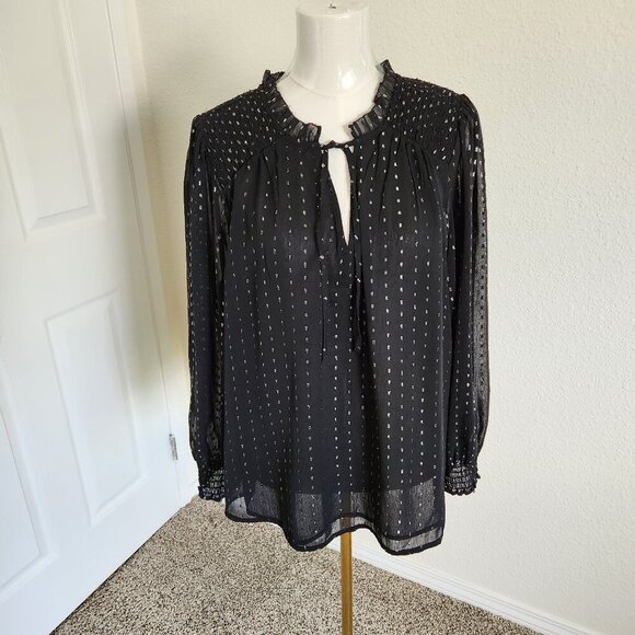 Old Navy Ruffle Neck Blouse Womens XL Black Silver Sparkly Sheer Top New NWT - Picture 2 of 4
